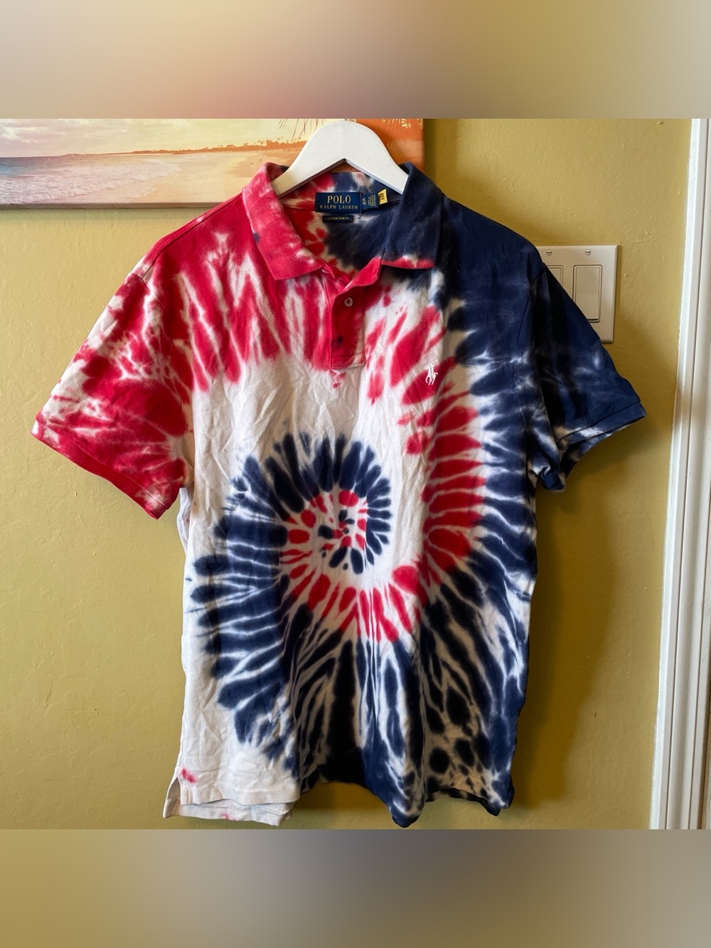 Polo Ralph Lauren Shirt Mens XL Blue Red Tie Dye Casual Outdoor Custom Slim Fit